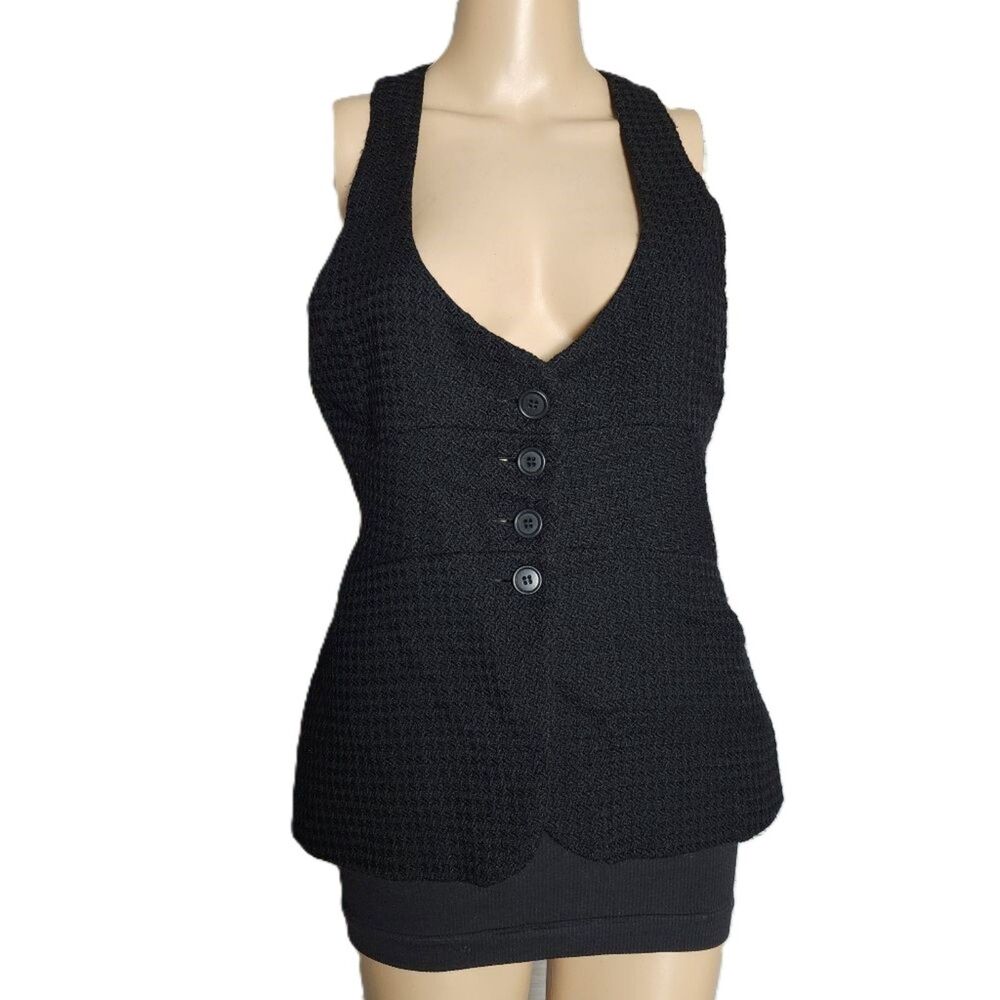 Vintage What Comes Around Goes Around Black 100% Wool Halter Vest -Medium